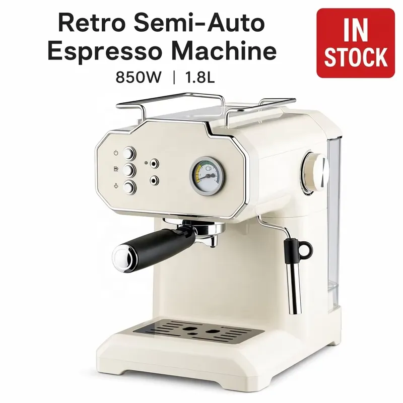 Pressure Gauge Espresso - เครื่องชงกาแฟเอสเพรสโซ่กึ่งอัตโนมัติสไตล์เรโทร 850 วัตต์ ความจุ 1.8 ลิตร