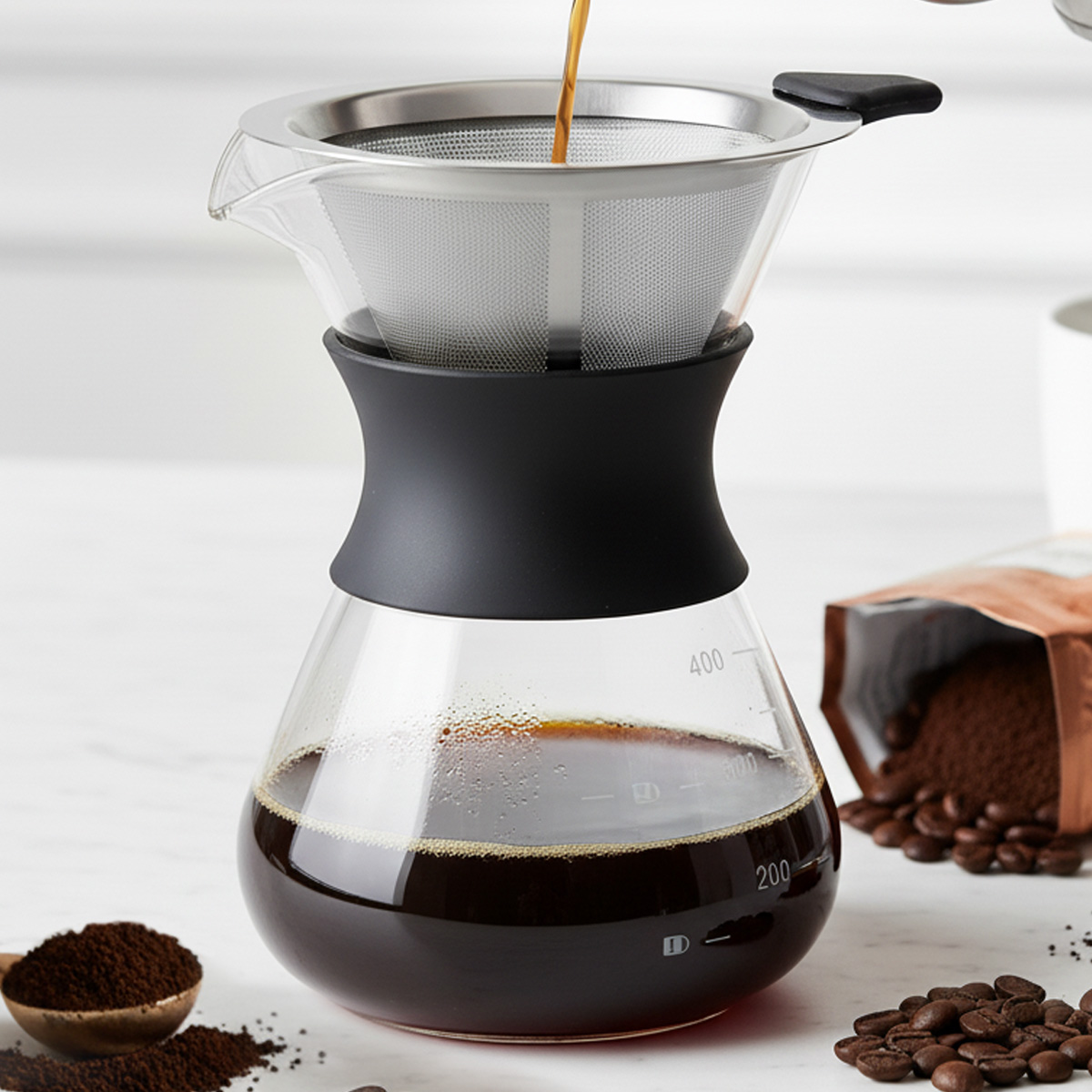 Coffee Equipment Pour Over - เครื่องชงกาแฟแบบเทแก้วลีเซฟพร้อมตัวกรองหยดสแตนเลสแบบใช้ซ้ำได้ มีเครื่องหมาย เหมาะสำหรับห้องครัว โต๊ะรับประทานอาหาร